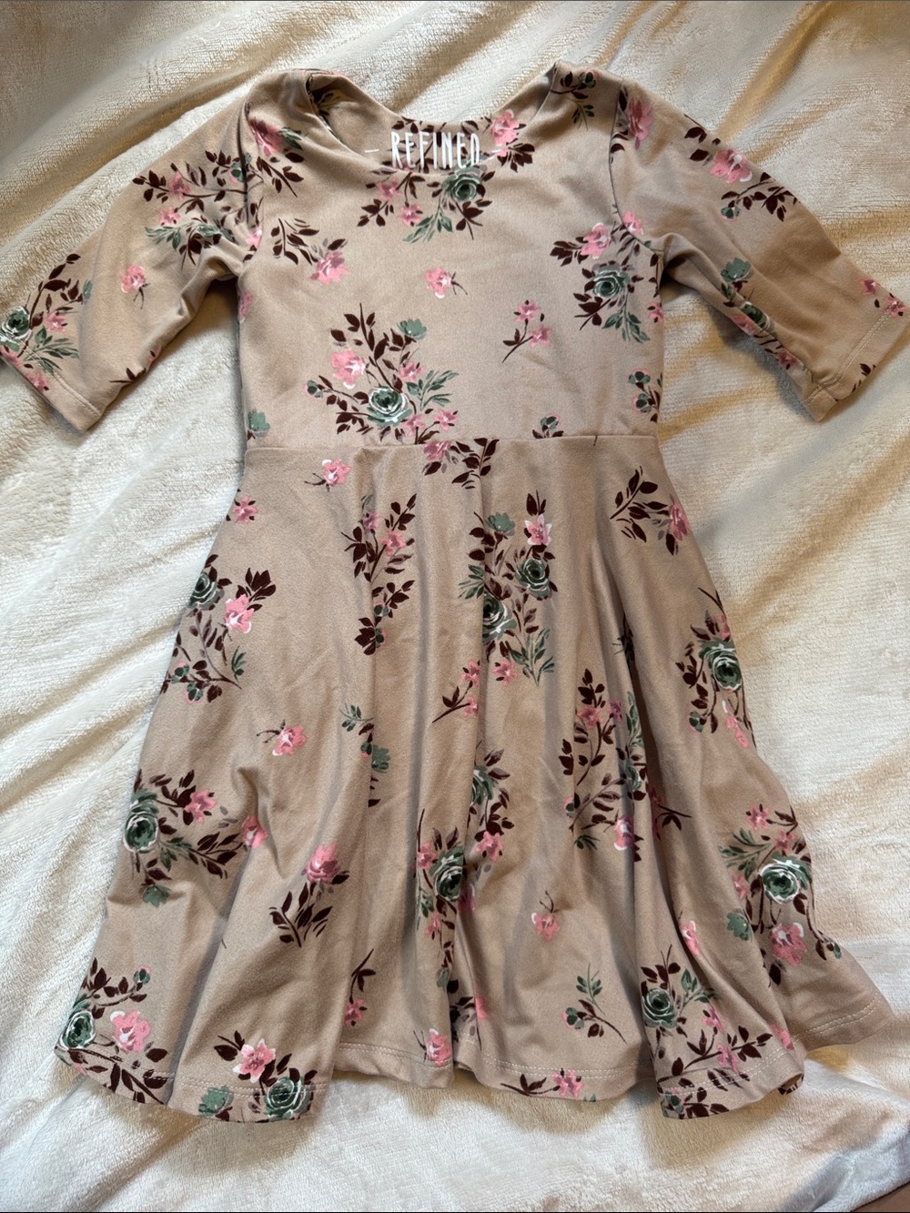 Girls' Taupe Floral Fit & Flare Dress - Pink & Green